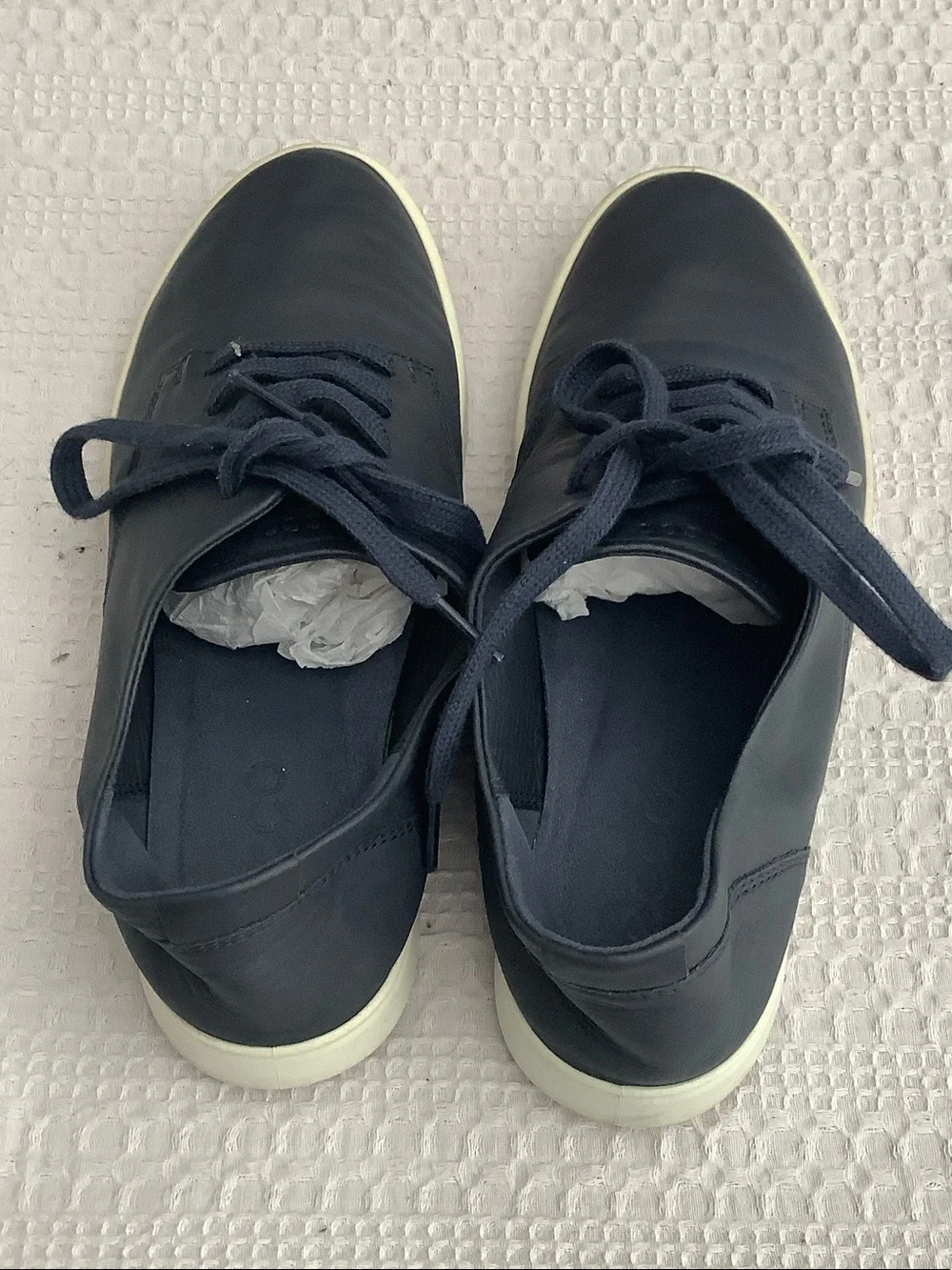 Ecco Navy Leather Lace-Up Sneakers with Cream Soles
